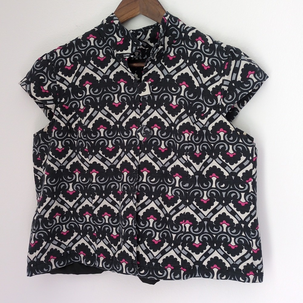 Willi Smith Bolero Jacket SZ L Silk Black White Pink Grey Pattern Buttons Short